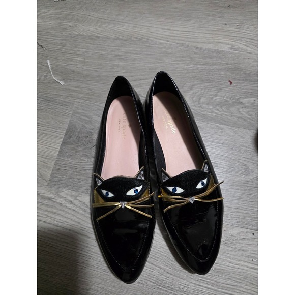 Kate Spade New York Black Cat Patent Leather Loafers Flats Real Calf Fur 8M - Picture 7 of 7